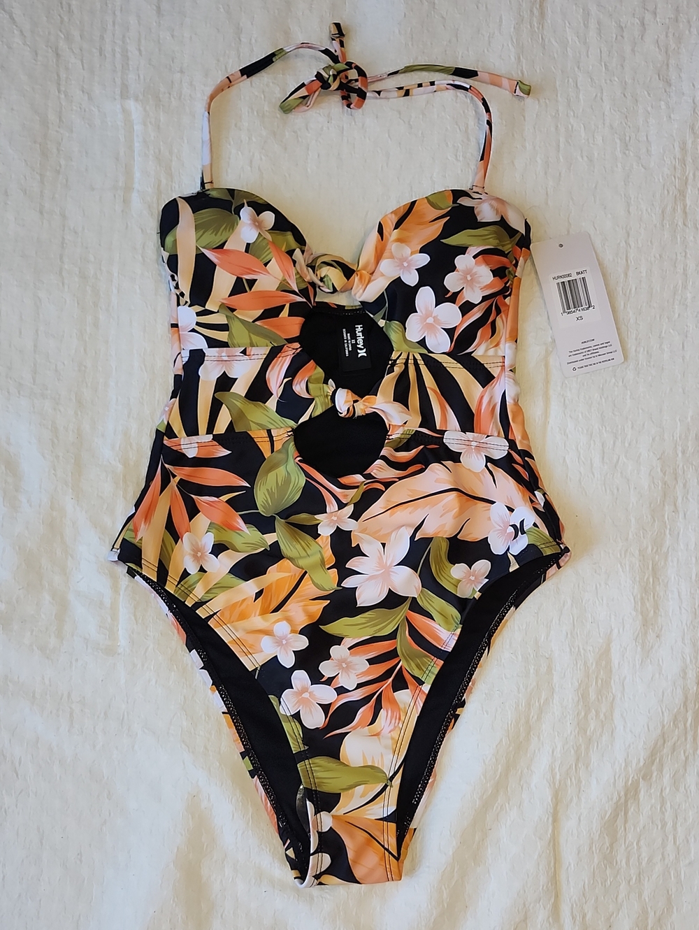 Hurley Tropical Floral Cutout Halter One Piece Swimsuit Monokini XS NWT BKATT